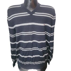 Tommy Hilfiger Men's Navy And Gray Striped V-Neck Pullover Sweater L